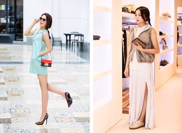 Kỳ Duyên còn sở hữu chiếc túi xách Louis Vuitton (ảnh trái) và đôi giày trị giá gần 30 triệu đồng (ảnh phải).