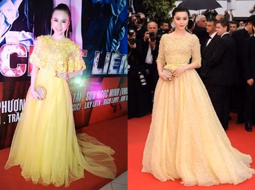 Angela và chiếc váy nhái lại từ mẫu thiết kế cao cấp lộng lẫy của Elie Saab.