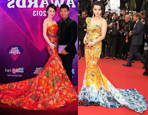 Nhiều người có thể nhận ra nét quen thuộc, tương đồng giữa hai trang phục, thậm chí cách tạo dáng của Phương Trinh cũng hao hao giống Phạm Băng Băng.