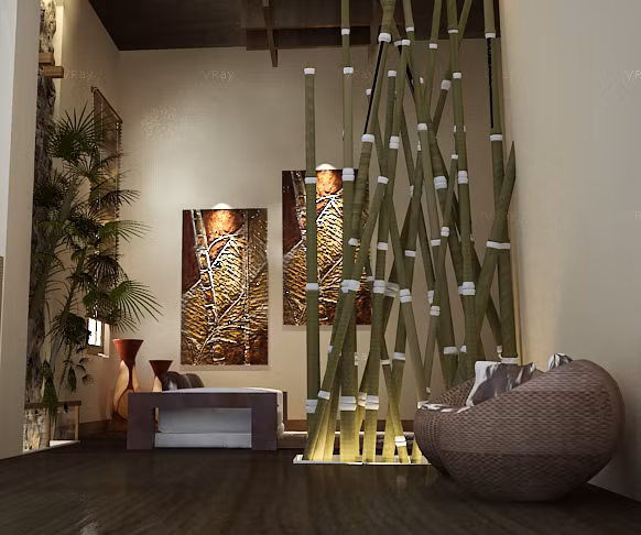 Không gian phòng được ngăn cách ước lệ nhờ hàng rào tre trúc đan xen.