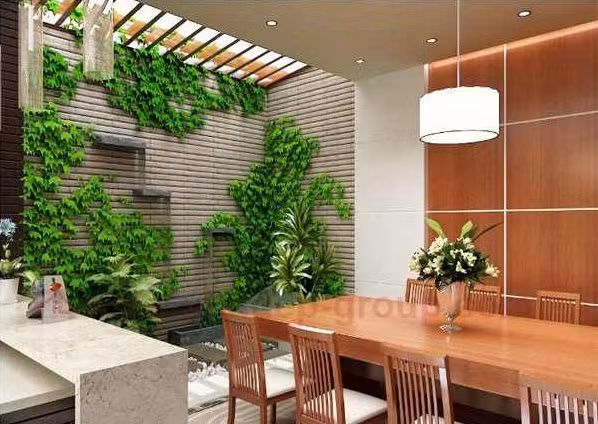 Nếu giếng trời bên cạnh phòng ăn (thuộc Mộc), thì có thể dùng cây cảnh, suối nước để có Mộc và Thủy tương sinh trong nhà.