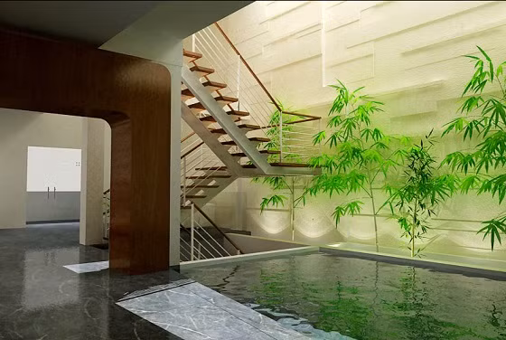 Trên mảng tường có thể ốp đá làm điểm nhấn, những hình vẽ hoa văn trang trí sống động, thêm tiểu cảnh, trồng cây xanh, tạo nên không gian sinh động, luân chuyển sự sống. Điều này sẽ kích hoạt luồng sinh khí thu được từ giếng trời rất tốt.