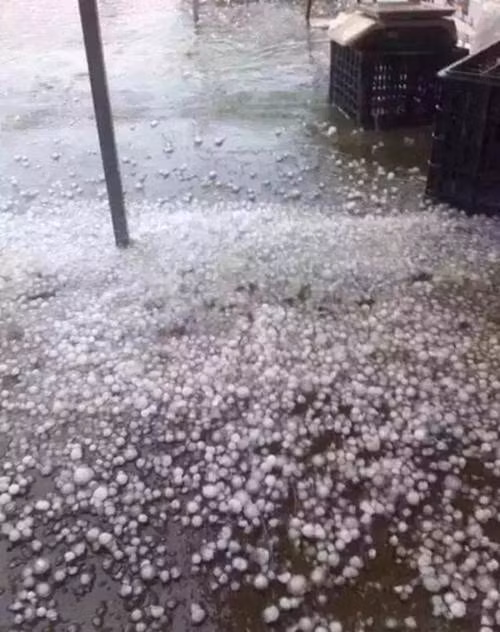 Mưa liên tục trong khoảng ba phút khiến mặt đường tràn ngập những viên đá cỡ lớn.