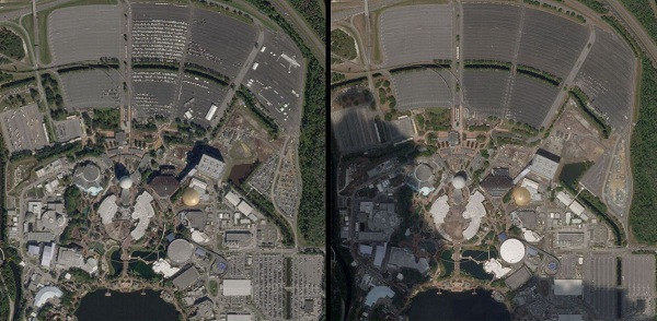 Công viên Epcot Center ở Florida, Mỹ luôn kín đặc, như bức ảnh chụp từ tháng 1. Tuy nhiên, sau khi đóng cửa vào ngày 16/3 để tránh tụ tập đông người, bãi xe chỉ toàn chỗ trống.