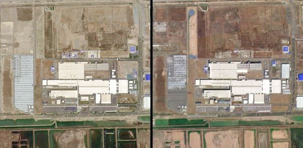 Nhà máy của Volkswagen tại tỉnh Thiên Tân, Trung Quốc, chụp vào tháng 5/2019 và tháng 3/2020 với cảnh tượng vắng vẻ. Công ty này hiện tăng cường sản xuất khẩu trang và ống thở để điều trị cho bệnh nhân nhiễm Covid-19, theo yêu cầu từ chính phủ Đức.