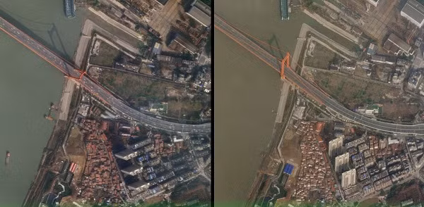 Hình ảnh cầu bắc qua sông Dương Tử tại Vũ Hán, được chụp vào ngày 12/1, một ngày sau khi thành phố này có người đầu tiên tử vong vì Covid-19. Ảnh thứ hai chụp ngày 28/1, Trung Quốc đã phong tỏa Vũ Hán sau khi có thêm 17 người chết và xác nhận virus lây từ người sang người.