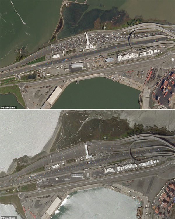 Cầu San Francisco, California đón khoảng 260.000 lượt phương tiện mỗi ngày. Hình chụp ngày 19/2 khi các phương tiện giao thông đang xếp hàng nộp phí cầu đường. Chưa đầy một tháng sau, cây cầu đã vắng vẻ đến lạ thường.