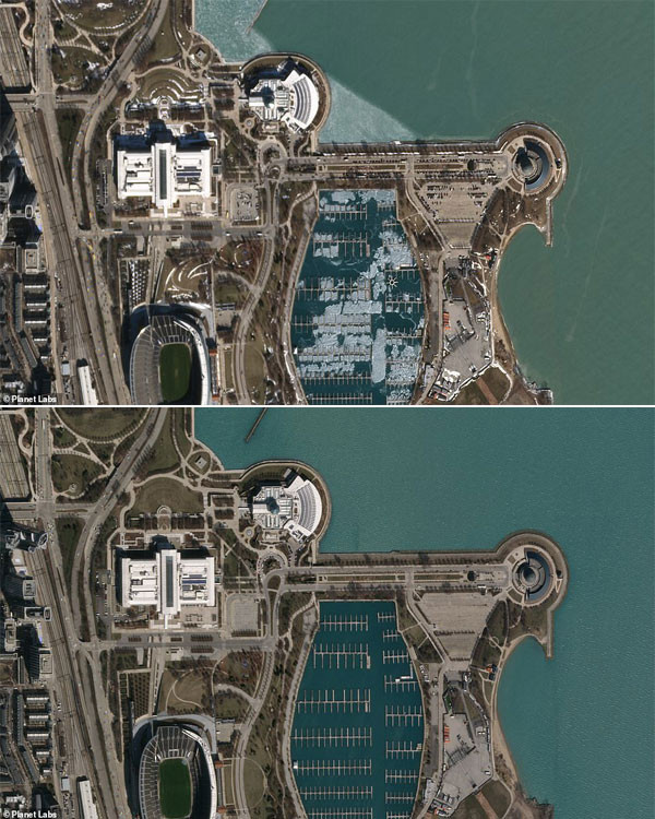 Thủy cung Shedd và Soldier Field của Chicago Bears trong ảnh chụp ngày 19/2 với rất nhiều du khách và cảnh tượng vắng vẻ ngày 17/3 sau khi đóng cửa. Mỗi năm Thủy cung Shedd đón hai triệu khách đến tham quan các loài động vật đại dương, cá đuối gai độc,...