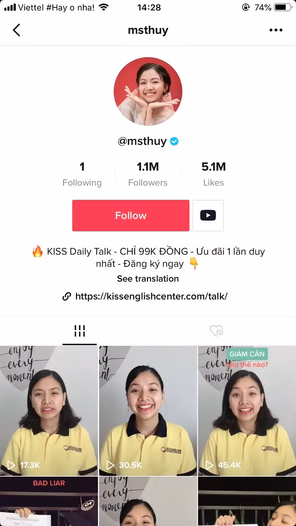 Kênh TikTok của cô giáo Thủy hiện có 1,1 triệu lượt theo dõi, các video có sự sáng tạo, độc đáo gắn liên với tiếng Anh như học tiếng qua các bài hát, phim ảnh,...