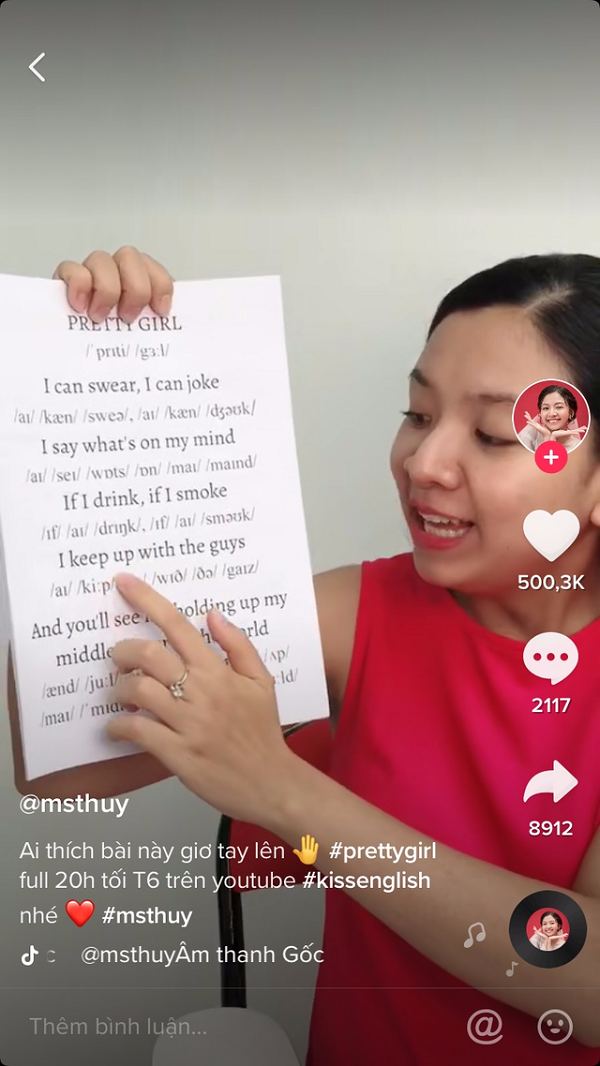 Với lối giảng dạy gần gũi, tự nhiên, cô giáo tiếng Anh Ms Thủy đã truyền cảm hứng học tiếng Anh đến rất nhiều bạn trẻ, đặc biệt qua những video trên Tiktok.