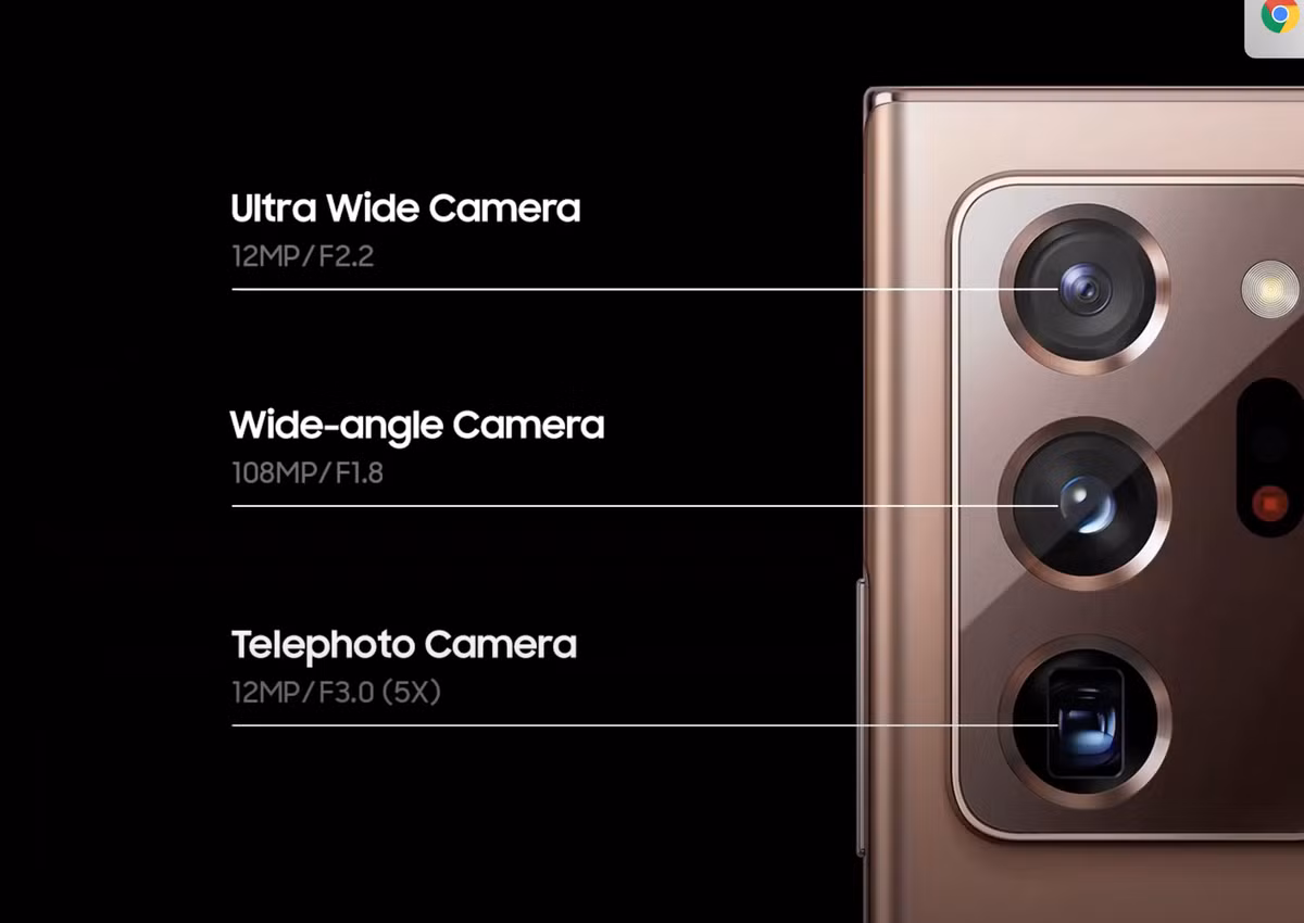 Người dùng sẽ có 3 camera: 1 cam siêu rộng 12MP F2.2; cam góc rộng 108MP độ mở tối đa F1.8; và một cam telephoto 12MP, độ mở F3.0 với độ phóng đại là 5X.