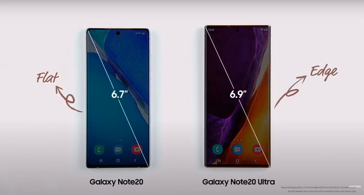 Note 20 có viền siêu mỏng, màn hình rộng tới 6,7". Note 20 Ultra sử dụng thiết kế Infinity Edge, nâng kích cỡ màn hình lên tới gần 7".