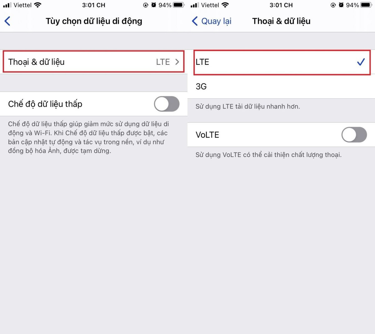 Thông thường, hệ thống của Android và iOS đều cho phép bạn lựa chọn giữa việc sử dụng 2G, 3G, 4G (LTE) hoặc chuyển đổi linh hoạt giữa 3G và 4G (LTE). Để đảm bảo tốc độ, người dùng hãy thiết lập chế độ mạng ưu tiên là LTE.