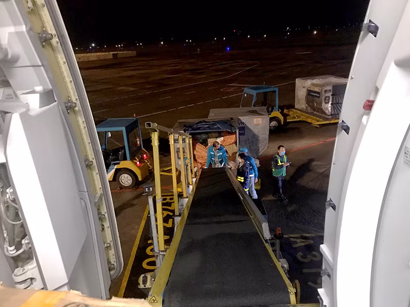 VIAGS sử dụng 15 nhân sự bốc xếp, 2 băng tải. Những tấn hàng được đóng thành kiện và được chuyển lên máy bay nhanh chóng theo băng chuyền.