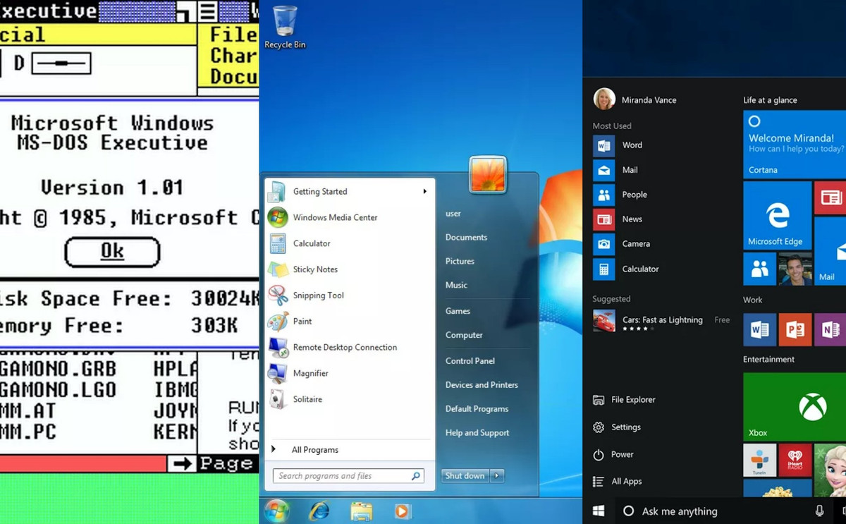 Quay trở lại năm 1985, để sử dụng Windows 1.0, máy tính yêu cầu phải có hai đĩa mềm bộ nhớ, bộ nhớ 256kb và một card đồ hoạ. Đó là yêu cầu tối thiểu, còn muốn sử dụng được nhiều chương trình cùng lúc thì PC cần phải có ổ đĩa cứng và 512kb bộ nhớ.