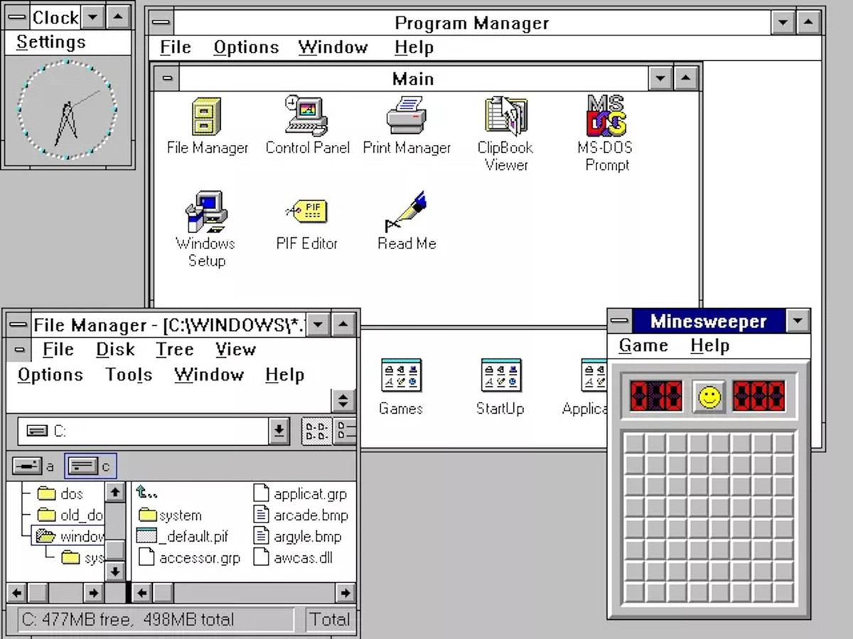Windows 3.0 (1990) tiếp tục kế thừa các đồ hoạ người dùng của bản cũ, trên nền tảng của MS-DOS. Tuy nhiên thiết kế đã đẹp hơn và rõ ràng hơn. Họ đã tích hợp Program và File Manager hoàn toàn mới để quản lý file và các ứng dụng. Ngoài ra, trò gỡ mìn kinh điển cũng đã xuất hiện trong bản cập nhật Windows 3.1.