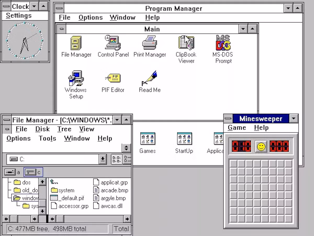 Windows 3.0 (1990) tiếp tục kế thừa các đồ hoạ người dùng của bản cũ, trên nền tảng của MS-DOS. Tuy nhiên thiết kế đã đẹp hơn và rõ ràng hơn. Họ đã tích hợp Program và File Manager hoàn toàn mới để quản lý file và các ứng dụng. Ngoài ra, trò gỡ mìn kinh điển cũng đã xuất hiện trong bản cập nhật Windows 3.1.