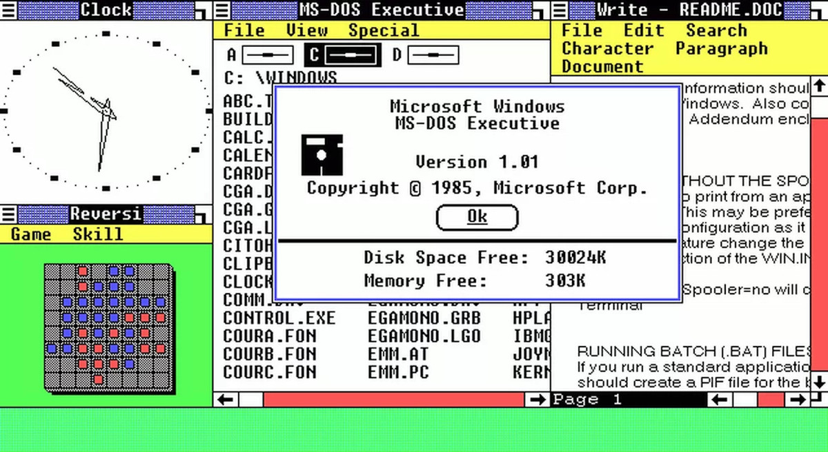 Windows 1.0 (1985) giới thiệu GUI, cái gọi là giao diện đồ hoạ người dùng. Nó hỗ trợ chuột và có một số các ứng dụng quan trọng. Bill Gates là người đứng đầu trong việc phát triển hệ điều hành Windows 1.0 sau khi làm việc nhiều năm trên Mac.