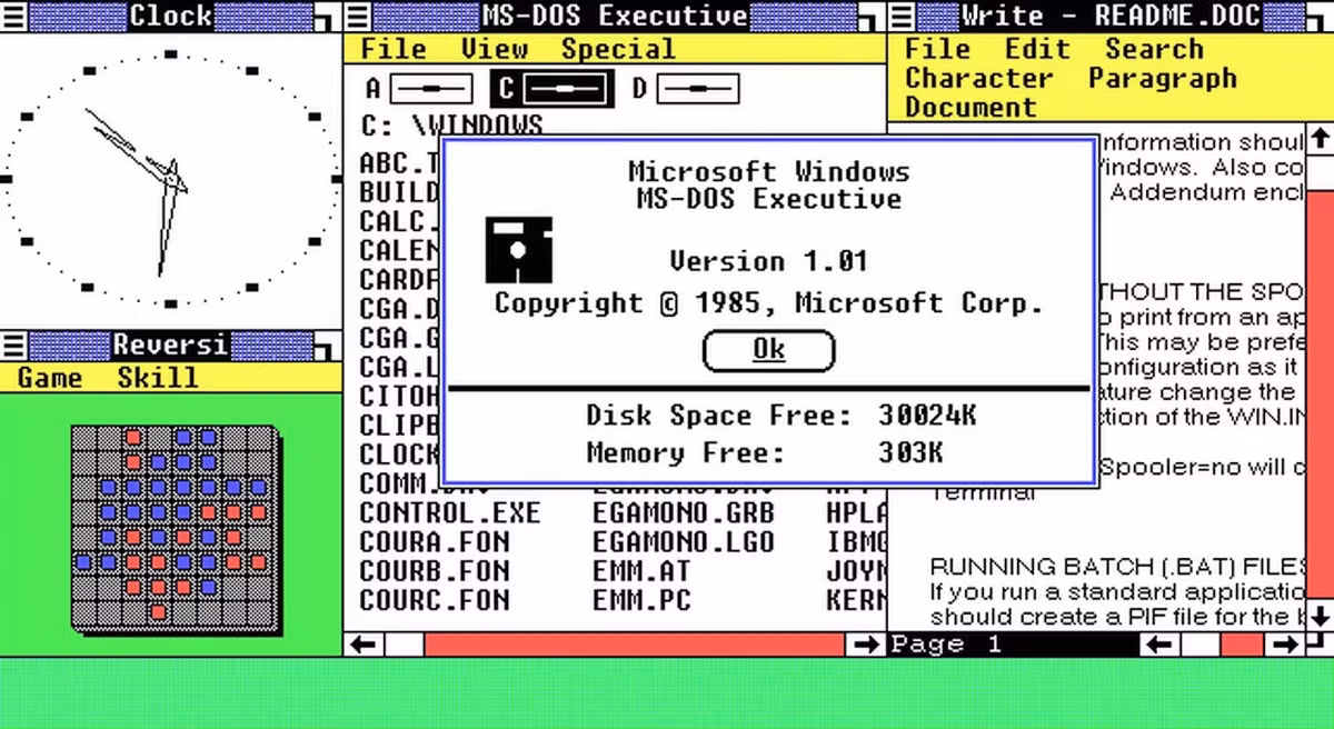 Windows 1.0 (1985) giới thiệu GUI, cái gọi là giao diện đồ hoạ người dùng. Nó hỗ trợ chuột và có một số các ứng dụng quan trọng. Bill Gates là người đứng đầu trong việc phát triển hệ điều hành Windows 1.0 sau khi làm việc nhiều năm trên Mac.