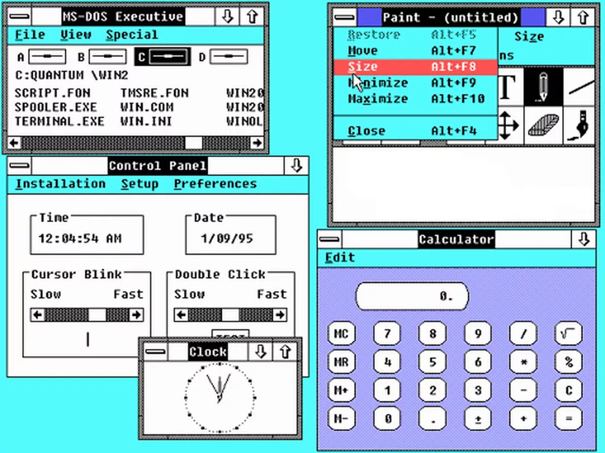 Windows 2.0 (1987) tiếp tục kế thừa đồ hoạ 16 bit của phiên bản trước. Lúc này, chúng ta cũng đã có phiên bản Word và Excel đầu tiên. Phiên bản này cho phép mở đa nhiệm các ứng dụng nằm chồng lên nhau và có các biểu tượng ứng dụng trên màn hình hình để người ta cảm thấy dễ dùng hơn.