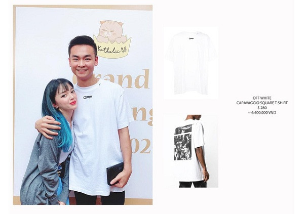 Mẫu áo phông đơn giản của thương hiệu Off White được anh chàng lựa chọn diện trong buổi khai trương quán cà phê mèo của bà chủ Linh Ngọc Đàm cũng đã có giá hơn 6 triệu đồng.