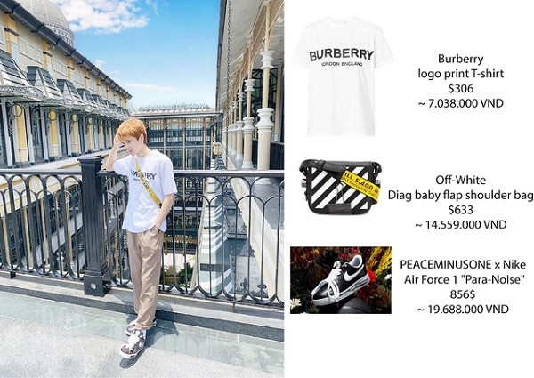 Cả cây đồ hiệu từ đầu đến chân trong một lần xuất hiện của Gầy, có giá ''sương sương" hơn 40 triệu đồng với sản phẩm của các thương hiệu Burberry, Off-White và Nike.