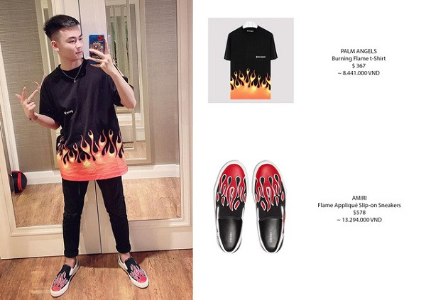 Quang Cuốn diện cả cây đồ hiệu với áo phông Palm Angels có giá 8,4 triệu đồng và đôi giày AMIRI cùng họa tiết lên đến hơn 13 triệu đồng.