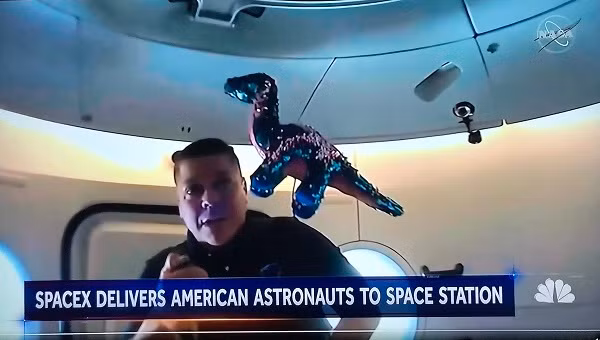 Món quà như một lời chúc may mắn đến phi hành gia Doug Hurley và Robert Behnken. Chứng kiến chú khủng long lơ lửng trong môi trường không trọng lực, nhiều người không khỏi thích thú.