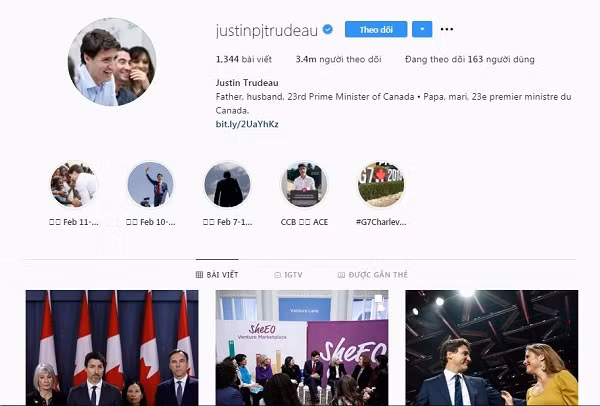 Hiện, trang cá nhân của Thủ tướng Trudeau nhận được 3,4 triệu lượt theo dõi, nổi bật là dòng trạng thái "Father, husband, 23rd Prime Minister of Canada'' (tạm dịch: 'Là người bố, người chồng của gia đình, và là Thủ tướng thứ 23 của Canada).