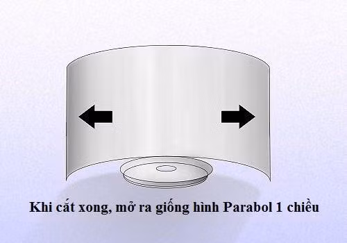 Dùng kéo cắt đôi thân lon ở vị trí ở giữa theo chiều dọc với khoảng cách đều đối với điểm dính liền với mặt miệng lon. Sau đó mở rộng phần thân lon, lúc này bạn sẽ thấy nó giống như một 1 chiếc Parabol 1 chiều.