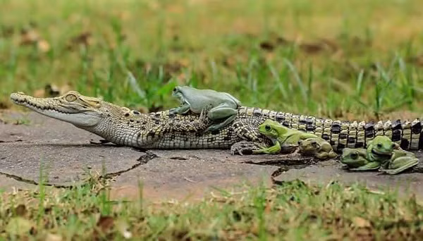 Theo chia sẻ của Tanto Yensen, 5 con ếch đã lần lượt leo lên lưng chú cá sấu Java và rồi xếp hàng trên con bò sát này.