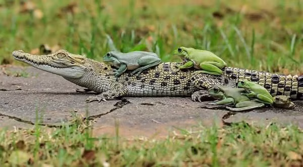 Phải mất gần 1 giờ đồng hồ kiên nhẫn, nhiếp ảnh gia mới chụp xong được chùm ảnh cùng với diễn tiến "đè đầu cưỡi cổ" chú cá sấu của 5 con ếch dễ thương.