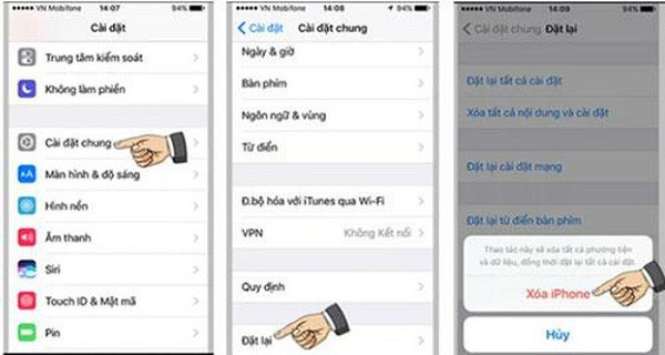 Bạn truy cập vào Cài đặt &gt; Cài đặt chung &gt; Đặt lại &gt; Xóa tất cả nội dung và cài đặt. Những thao tác này sẽ đưa chiếc iPhone của bạn trở về tình trạng giống như một chiếc iPhone mới nhưng không bị mất dữ liệu.