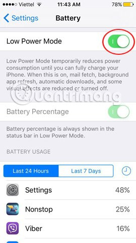 Tính năng mới này cũng được bổ sung trên iOS9. Nó sẽ thông báo cho iPhone tạm dừng một số tính năng để kéo dài thời gian sử dụng pin, tự động dừng làm mới ứng dụng nền, push, email,... Chúng ta chỉ cần mở mục Battery trong Settings, sau đó bật chế độ Low Power Mode bằng cách gạt thanh ngang sang phải.