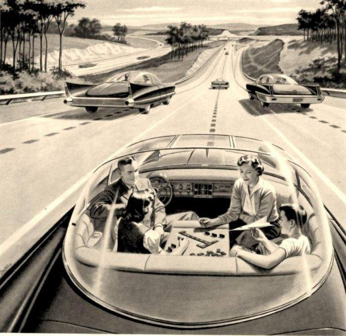 Một minh họa từ cuối những năm 1950 của một chiếc xe tự lái.