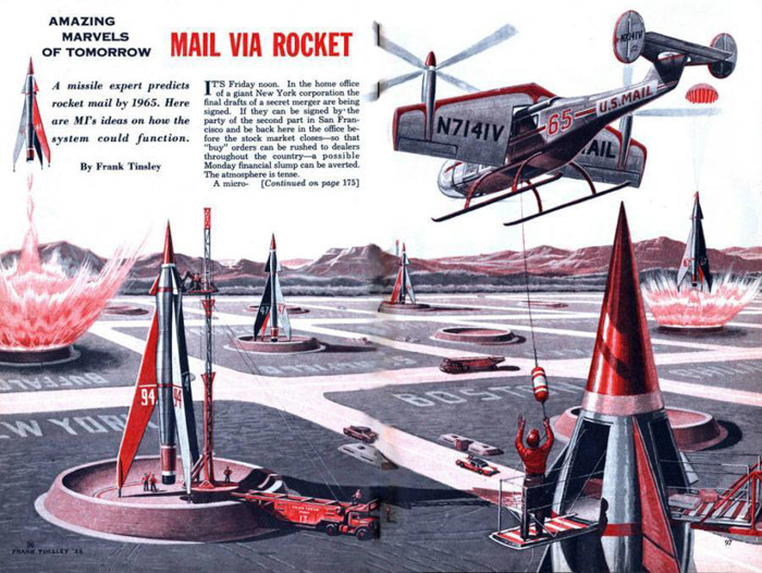 Hệ thống gửi thư bằng rocket của nghệ sỹ Frank Tinsley năm 1957.
