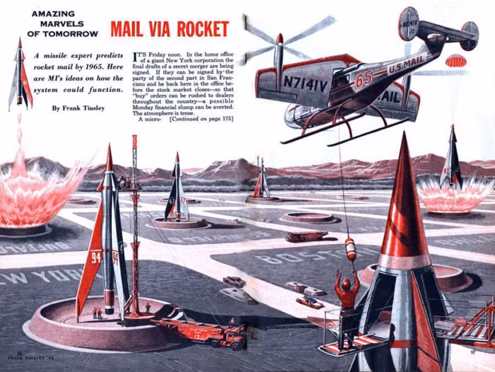 Hệ thống gửi thư bằng rocket của nghệ sỹ Frank Tinsley năm 1957.