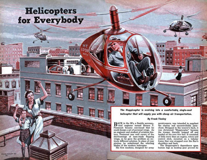 Một chiếc trực thăng một chỗ ngồi thoải mái để vận chuyển hàng không giá rẻ. Nghệ sĩ: Frank Tinsley năm 1950.
