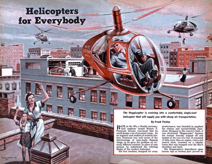 Một chiếc trực thăng một chỗ ngồi thoải mái để vận chuyển hàng không giá rẻ. Nghệ sĩ: Frank Tinsley năm 1950.