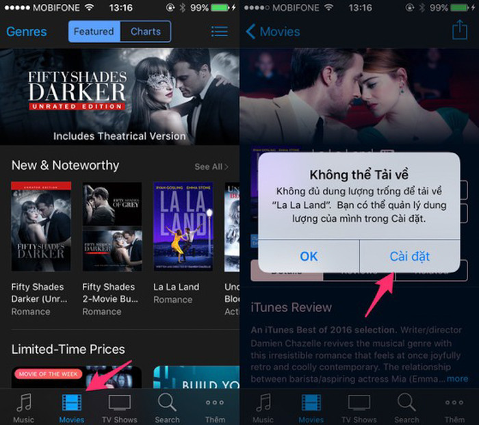 Nếu cảm thấy ứng dụng nào chiếm quá nhiều bộ nhớ, bạn chọn Delete App (xóa ứng dụng), sau đó, truy cập vào App Store và cài đặt lại. Đối với phần hình ảnh và video, bạn nên tải tất cả lên đám mây để tăng bộ nhớ trong cho iPhone. Bên cạnh đó, người dùng cũng có thể ép thiết bị tự động làm trống bộ nhớ bằng cách mở ứng dụng iTunes Store, chuyển sang thẻ Movies và chọn vào một bộ phim bất kỳ, sau đó nhấn Rent hai lần và chờ một lát cho đến khi xuất hiện thông báo thiết bị không đủ dung lượng lưu trữ. Lúc này, bạn chỉ cần kiểm tra lại và sẽ thấy phần dung lượng còn trống trên iPhone đã tăng lên đáng kể.