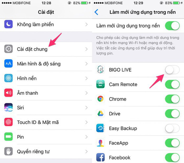 Thay vì tắt các ứng dụng chạy nền, bạn hãy vô hiệu hóa tính năng Background Apps Refresh để hạn chế lượng RAM bị chiếm dụng. Để thực hiện, bạn cần truy cập vào Settings (cài đặt) &gt; General (cài đặt chung) &gt; Background Apps Refresh (làm mới ứng dụng trong nền) và tắt bớt các ứng dụng không cần thiết.