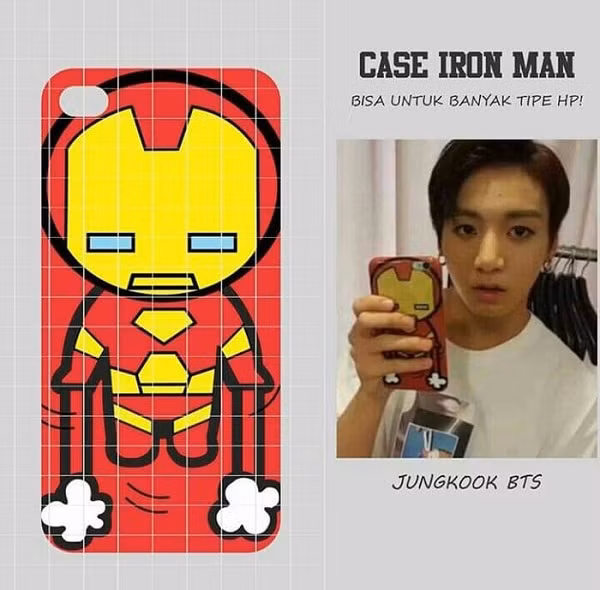 Cậu út Jung Kook có niềm đam mê đặc biệt với Iron Man (Người Sắt), bởi vậy những đồ dùng được anh chàng sắm đều liên quan đến siêu anh hùng này, bao gồm cả chiếc ốp điện thoại.