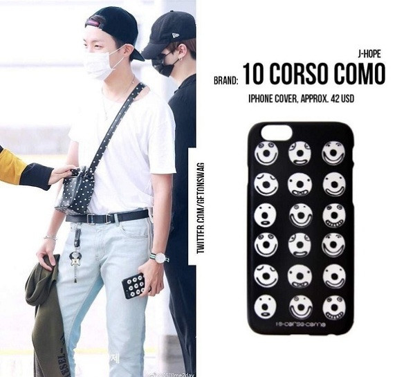 Như để khẳng định tính cách và khuôn mặt hài hước của mình, J-Hope sắm chiếc ốp lưng in nhiều khuôn mặt cười của thương hiệu 10 Corso Como, giá 42 USD (khoảng 1 triệu đồng).
