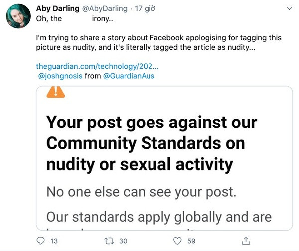 Sau một thời gian đăng tải, bài viết đã bị Facebook xóa với lý do vi phạm tiêu chuẩn cộng đồng, chứa ảnh khiêu dâm, tài khoản người dùng cũng bị hạn chế. Câu chuyện về tấm ảnh bị "xóa nhầm" đã được chia sẻ trên The Guardian, tuy nhiên chính bài viết ấy cũng bị cấm dẫn lại trên Facebook vì lý do "ảnh khỏa thân".