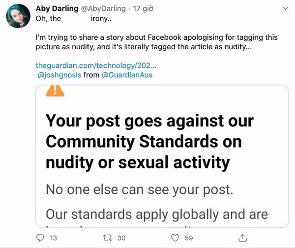 Sau một thời gian đăng tải, bài viết đã bị Facebook xóa với lý do vi phạm tiêu chuẩn cộng đồng, chứa ảnh khiêu dâm, tài khoản người dùng cũng bị hạn chế. Câu chuyện về tấm ảnh bị "xóa nhầm" đã được chia sẻ trên The Guardian, tuy nhiên chính bài viết ấy cũng bị cấm dẫn lại trên Facebook vì lý do "ảnh khỏa thân".