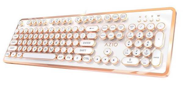 Chiếc bàn phìm trông có vẻ nữ tính này lấy cảm hứng từ máy đánh chữ cổ thời xưa với các phím tròn mạ crôm. Bàn phím có 2 tông màu chủ đạo là trắng và vàng trông khá sang chảnh.