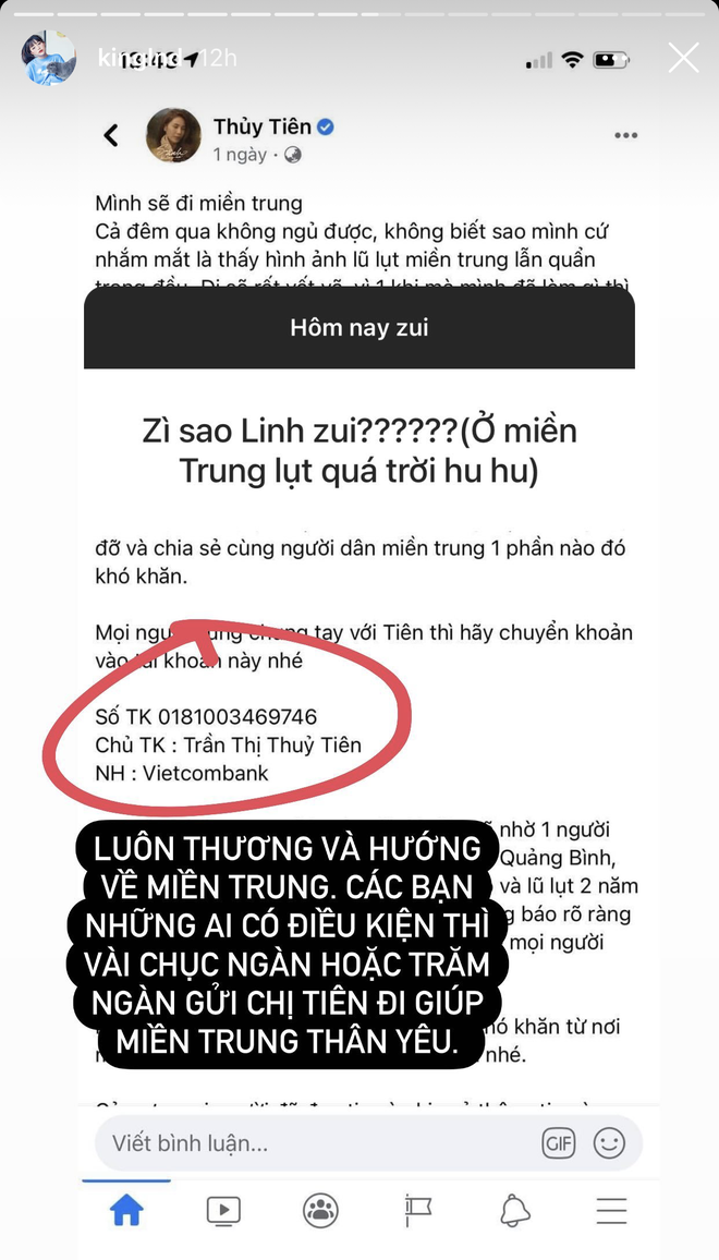 Cô nàng chia sẻ hình ảnh tài khoản ngân hàng của ca sĩ Thuỷ Tiên và kêu gọi mọi người ủng hộ.
