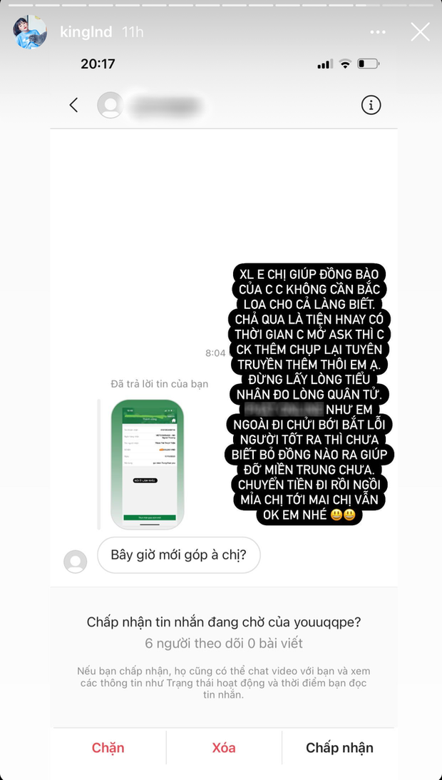 Trước lời "cà khịa" này, Linh Ngọc Đàm cũng không ngần ngại đáp trả khá "gắt". Cô cho biết việc giúp đỡ đồng bào là chuyện tốt nhưng cô cũng chẳng cần "bô bô" nói cho tất cả biết.