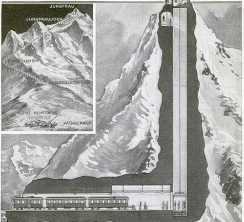 Tuyến đường sắt Jungfrau được xây dựng trong 16 năm và hoàn thành năm 1912, nhằm thu hút khách du lịch đến khu vực phần dãy núi Alpes thuộc phạm vi Thụy Sĩ. Theo kế hoạch, du khách được lên đỉnh núi Jungfrau nổi tiếng bằng một chiếc thang máy đặc biệt.