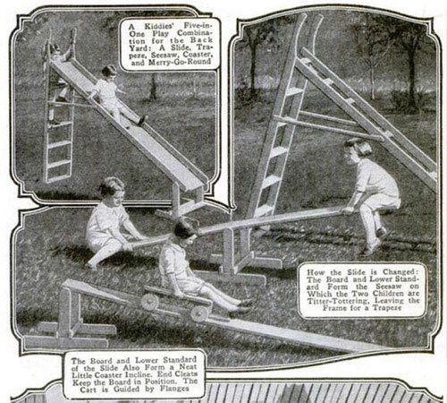 Sân chơi 5 trong 1 là một sáng kiến thông minh nhưng không an toàn với trẻ em. Chiếc cầu trượt ban đầu sẽ trở thành cây cầu khỉ sau khi bỏ tấm ván trượt. Đặt tấm ván trượt lên một giá đỡ thăng bằng thấp hơn sẽ tạo ra một chiếc bập bênh.